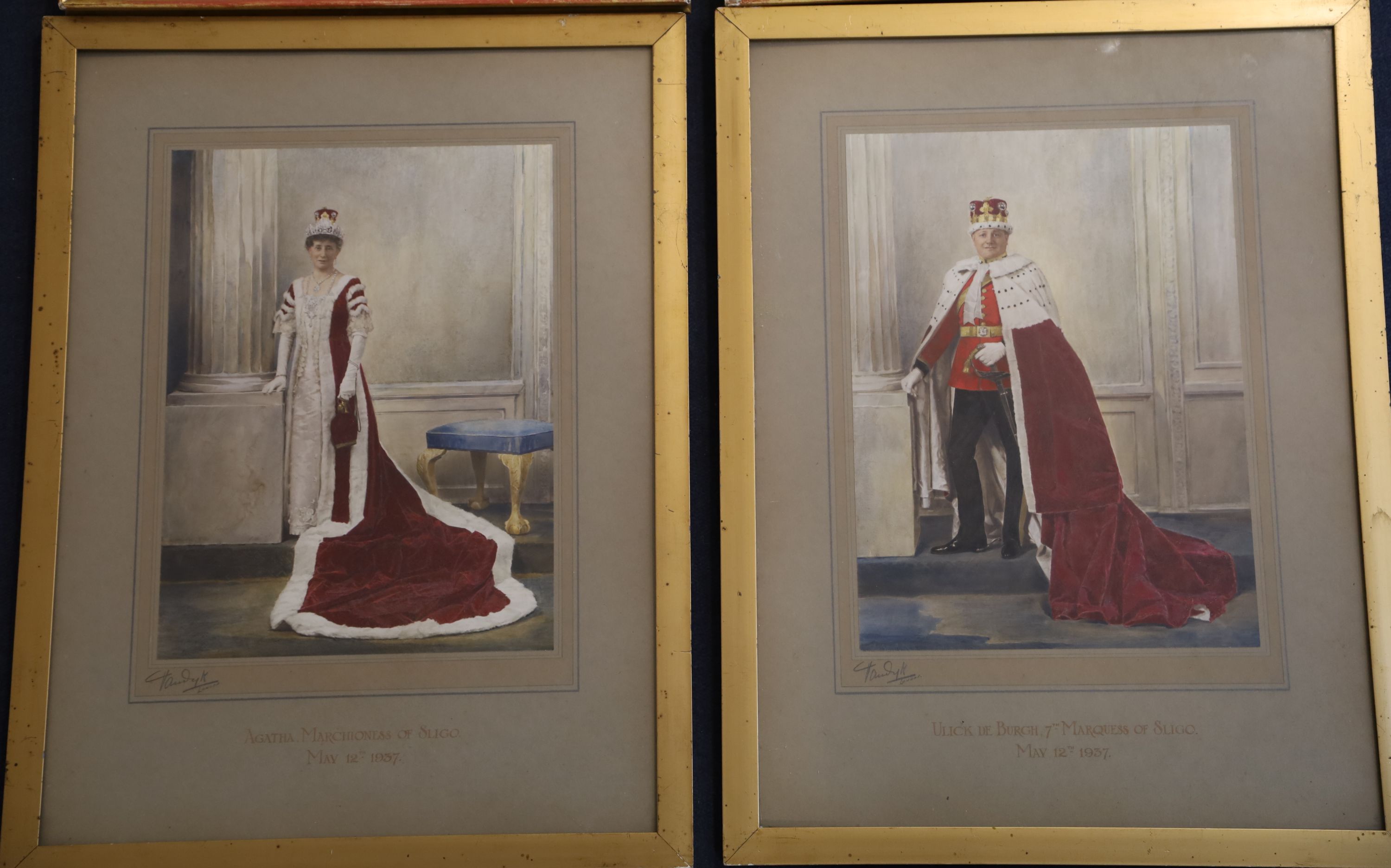 Two pairs of hand tinted photographs of Henry Ulick de Burgh, 7th Marquess of Sligo and Agatha, Marchioness of Sligo, largest overall 5